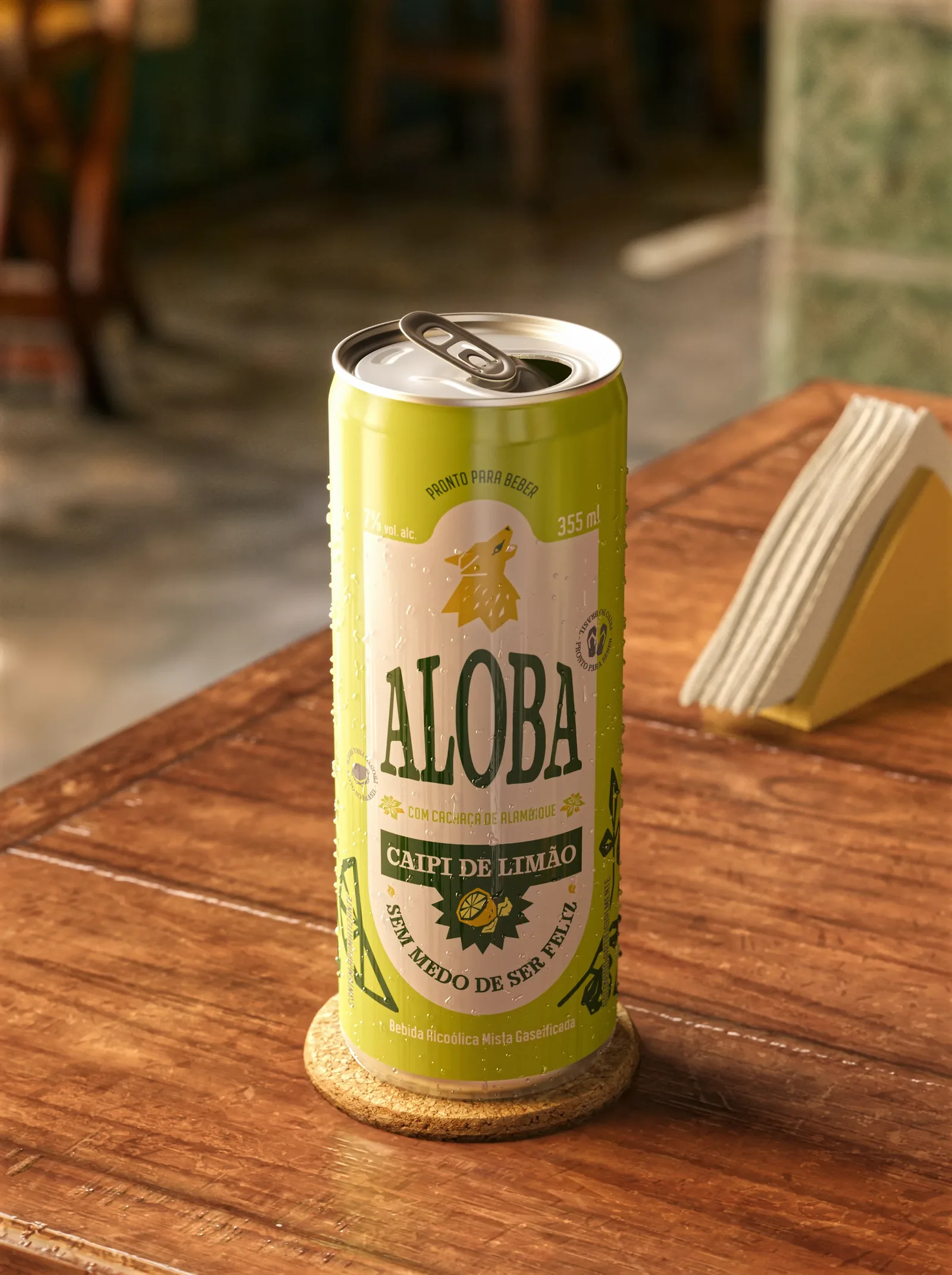 Lata da ALOBA sobre um porta-copos de cortiça