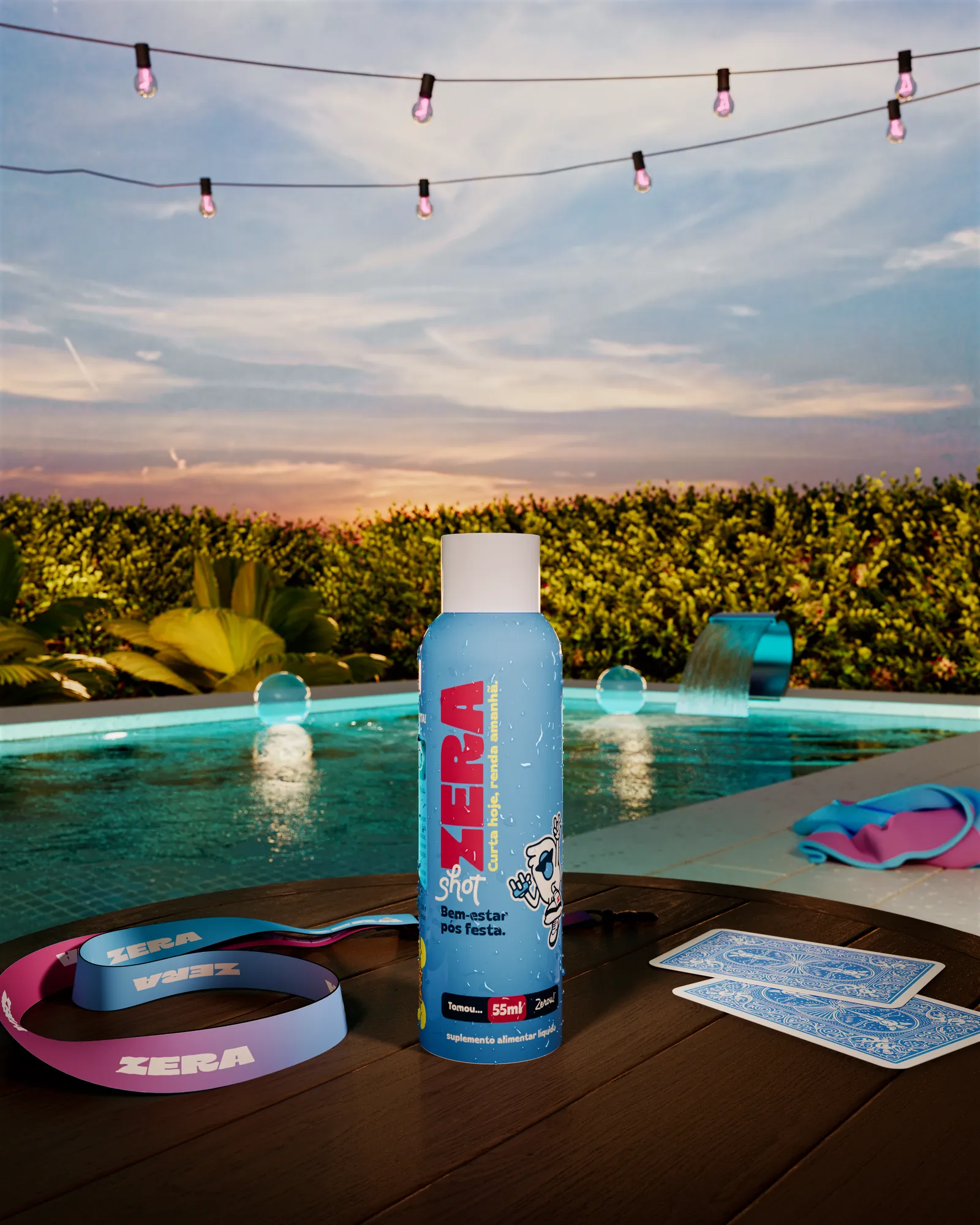 Frasco de Zera Shot à beira da piscina ao entardecer